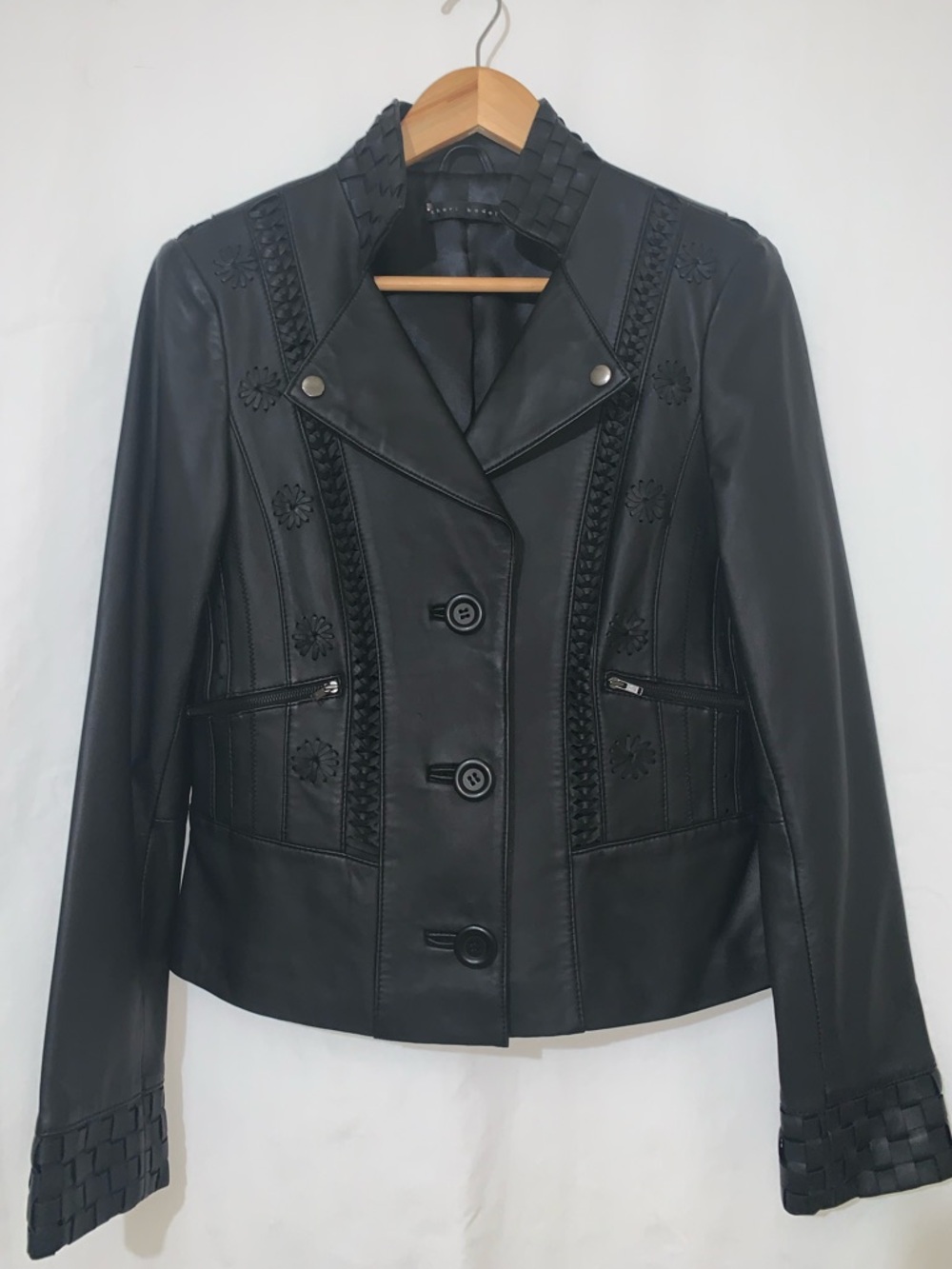 Sheri Bodell 100% Lamb Leather Embroidered Coat Jacket Woven Trim Women’s S